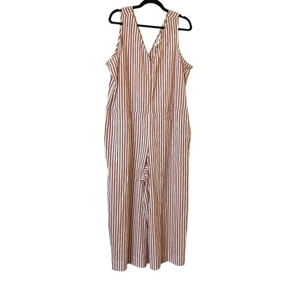 Beachlunchlounge Linen Blend Red & White Striped Double V-Neck Jumpsuit Xl